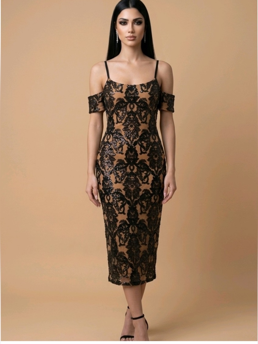 VENUS Black Lace & Sequin Overlay Midi Dress with Tan Underlay size Small